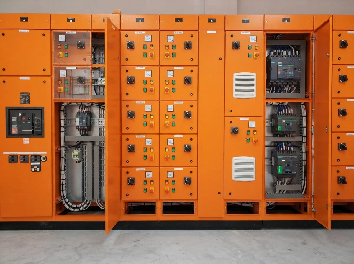 Custom-built orange industrial electrical distribution board manufactured by Victech