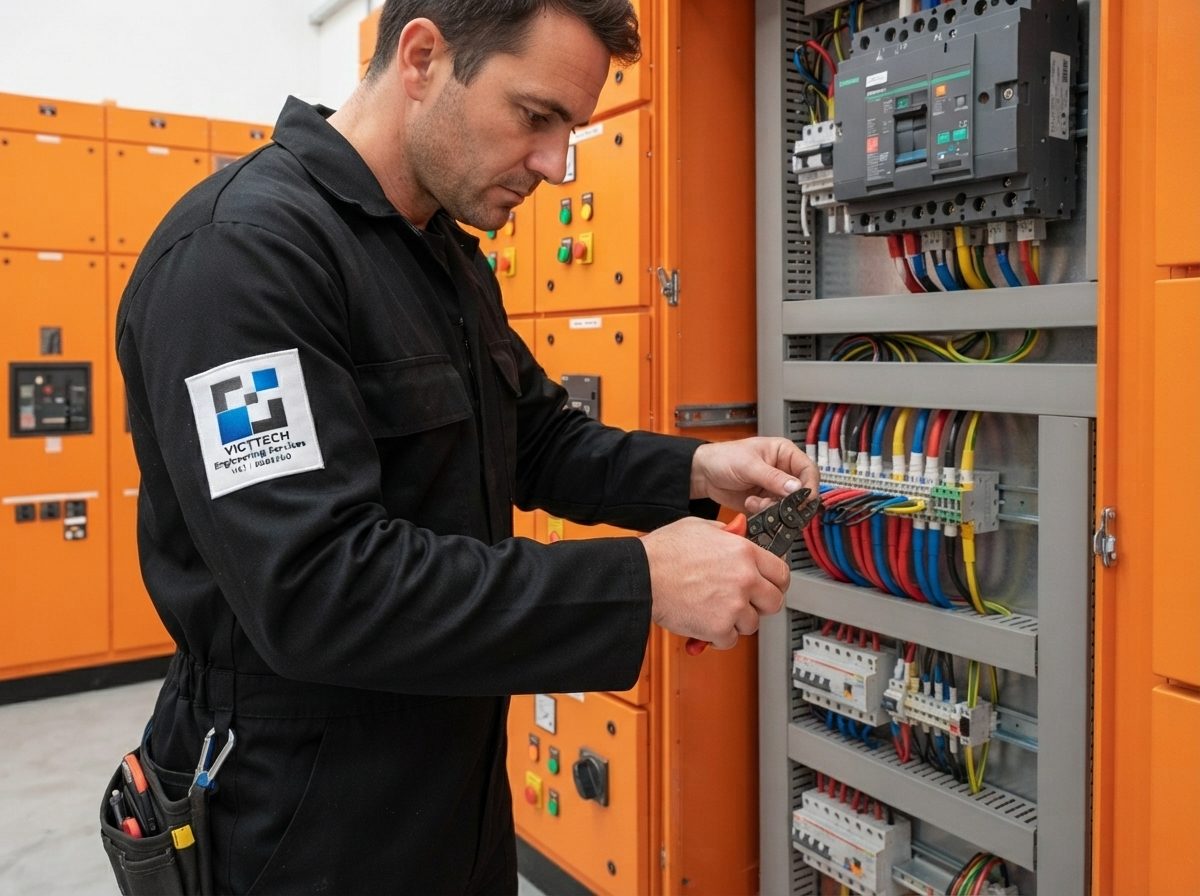 Victech technician wiring an industrial electrical distribution board panel
